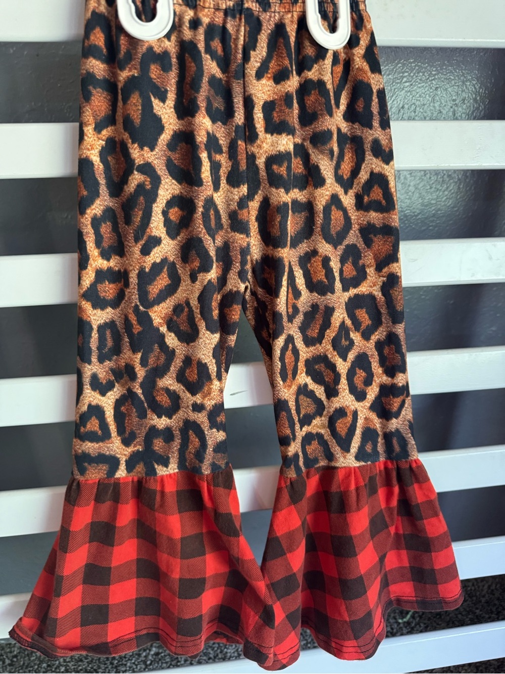 Girls Leopard Print bell bottom Pants with Red Buffalo Plaid